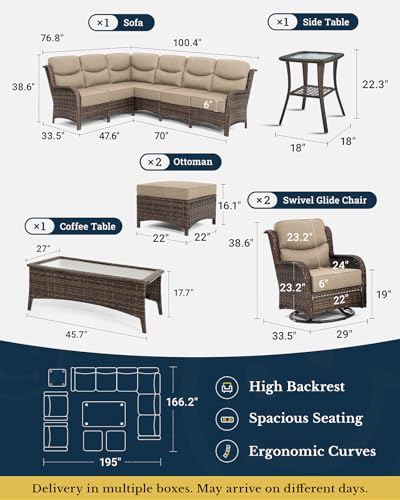 Luxury Patio Furniture Set with 6-inch Thick Cushion, Outdoor Couch and High Back Swivel Rocker Patio Chairs, 7PCS Wicker Conversation Set for Deck, Yard, and Poolside in Blue (V2)