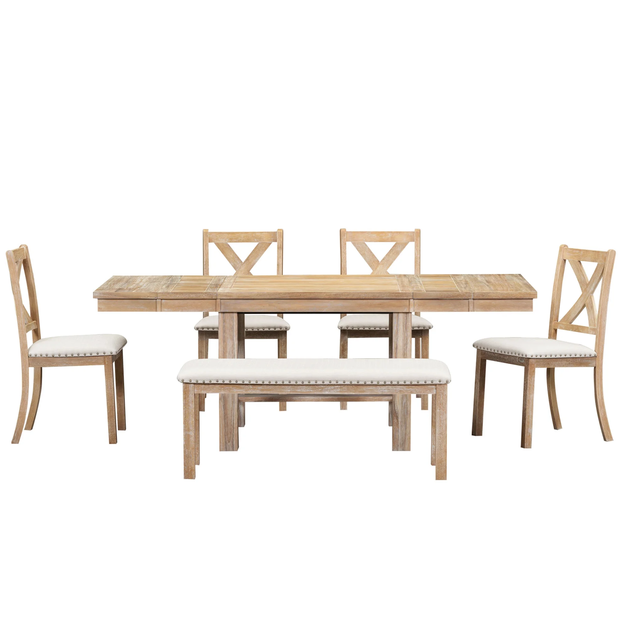 Churanty Farmhouse Extendable Dining Table Set for 6, Solid Wood Rectangular Kitchen Table Set with Removable Leaf,4 Upholstered Chairs and Bench, Natural