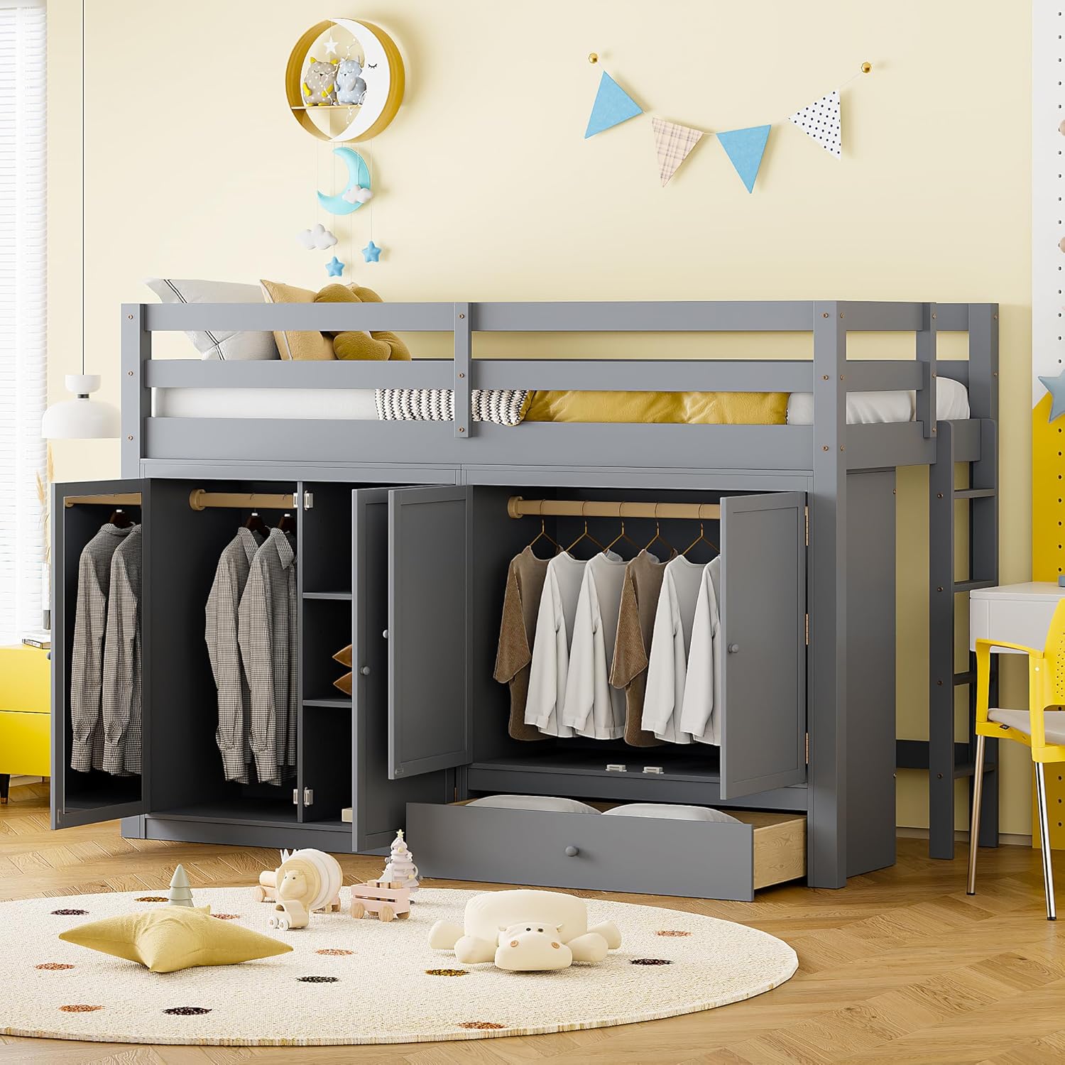 Twin Size Loft Bed with Storage Drawer and Two Wardrobes, Wood Low Loftbed with Ladder & Mirror, for Kids Teens Adults Bedroom, Gray