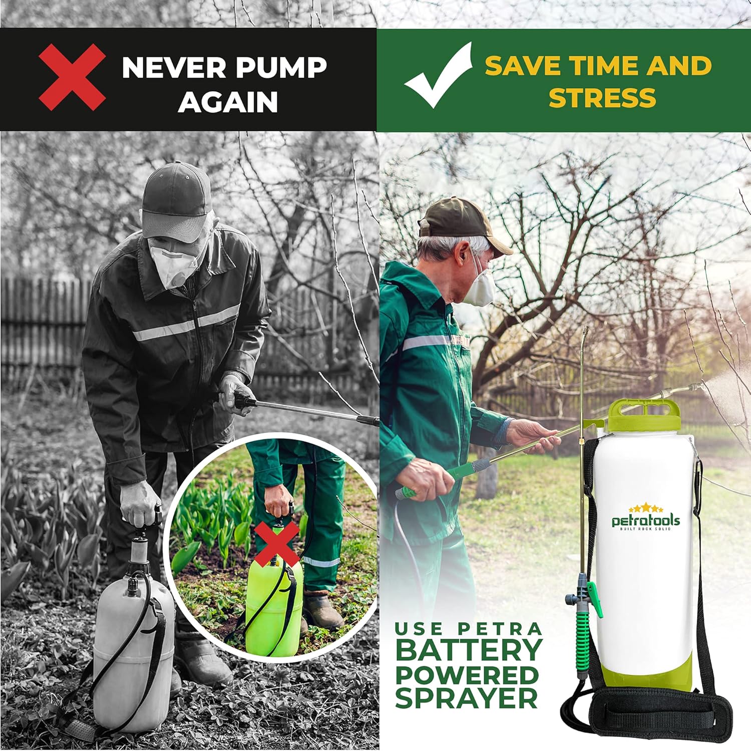 PetraTools 2 Gallon Battery Sprayer - Ultra Convenient Battery Powered Sprayer, Garden Sprayer & Weed Sprayer with Easy-to-Carry Strap, Electric Sprayer & Yard Sprayer with Long-Lasting Battery Life Pack of 2