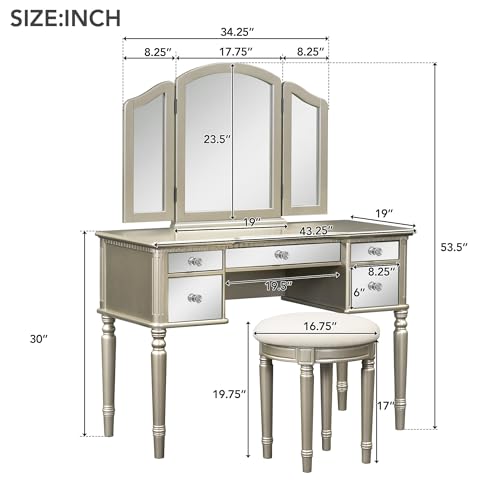 43.3" Modern Vanity Table Set with Flip-top Mirror and LED Light, Space-Saving functionality, Water Resistance and Slip-Proof Features Make it an Ideal Dresser for The Bedroom