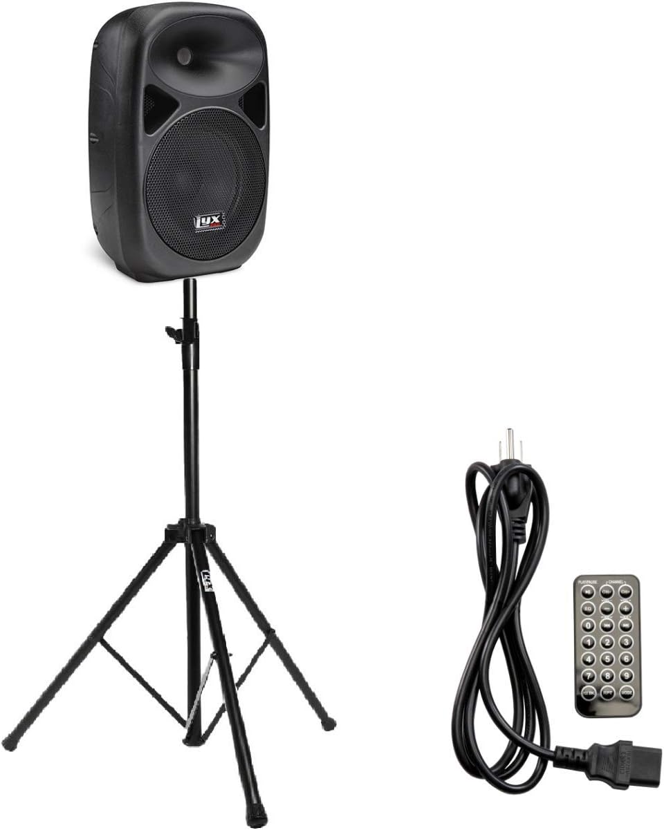 LyxPro SPA15 15 Portable PA Speaker System With Metal Tripod Stand Combo Kit Power Active Power Amplifier Equalizer Bluetooth SD Slot USB MP3 XLR 1/4 1/8 3.5mm Inputs Remote Control Carry Handles