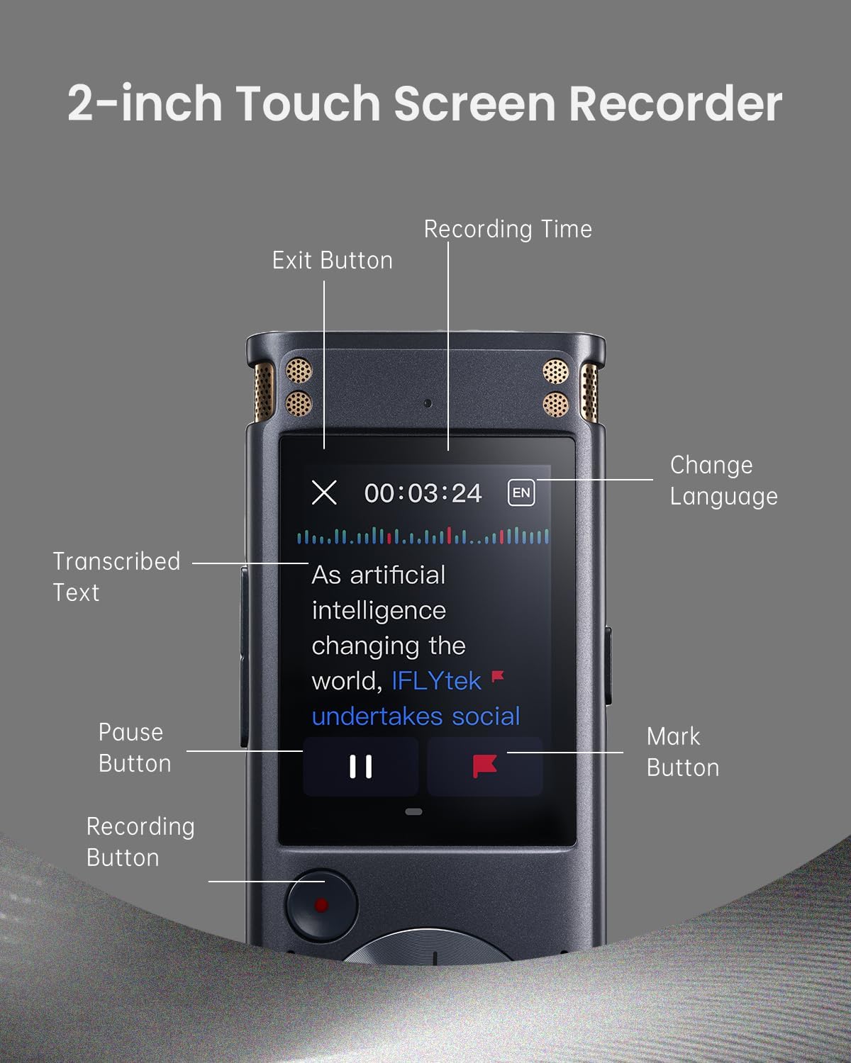 AI Voice Recorder, 100% Offline Voice Recorder with Playback, Transcribe & Summarize Function, 2-inch Touch Screen Audio Recorder Zoom Recorder Device for Lectures, Conference, Interview