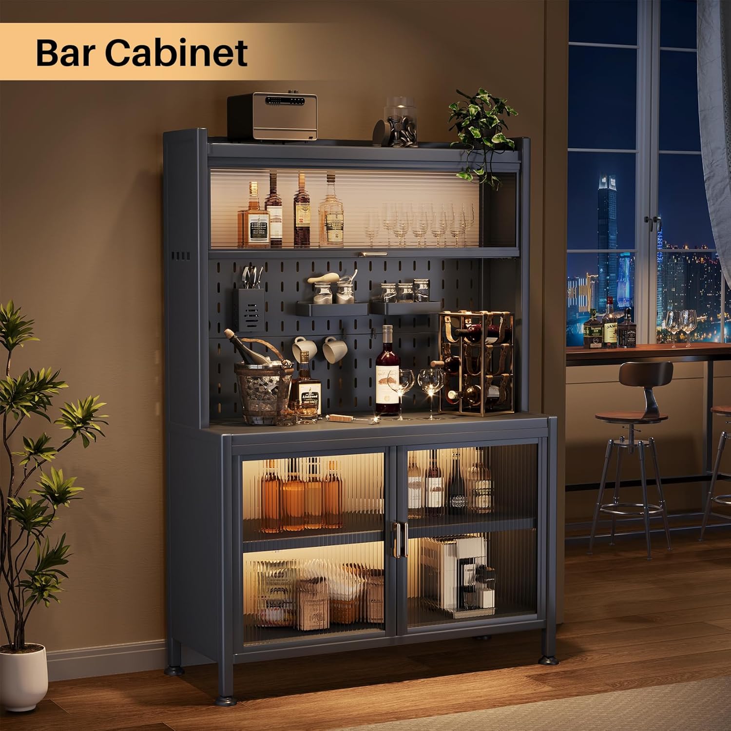 5-Tier Bakers Rack for Kitchen, Microwave Stand Cart with Cabinet, Multifunctional Storage Cabinet Rack, Grey