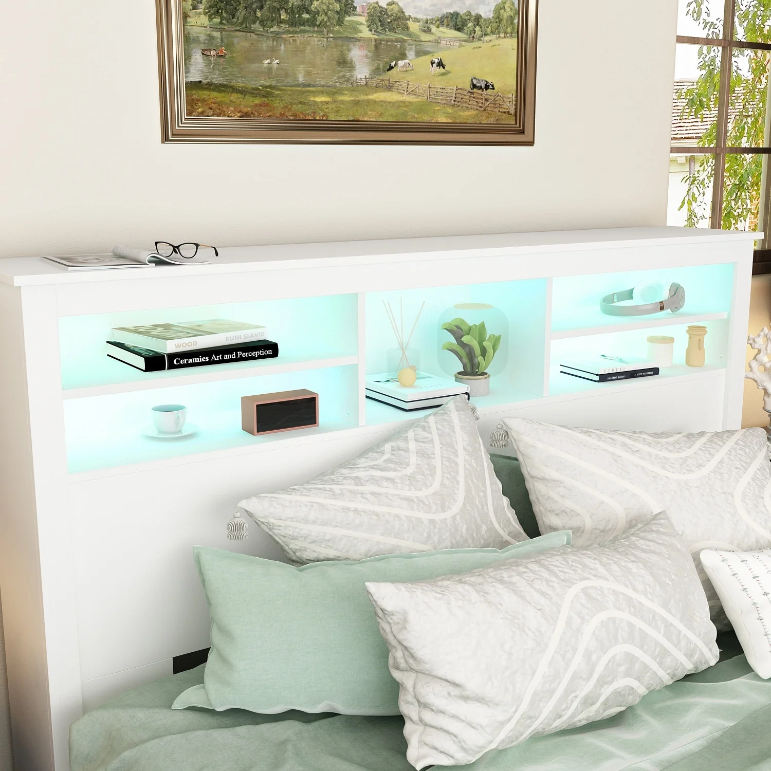 65"W Timechee Wooden Bookcase Headboard With Light No-Outlet