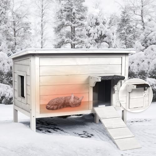BRIOPAWS Outdoor-Cat-House-Insulated | Feral-Cat-Shelter for Winter | Weatherproof | Large Wooden Pet House for Multiple Cats | Foldable Ladder | Acrylic Side Window | Grey