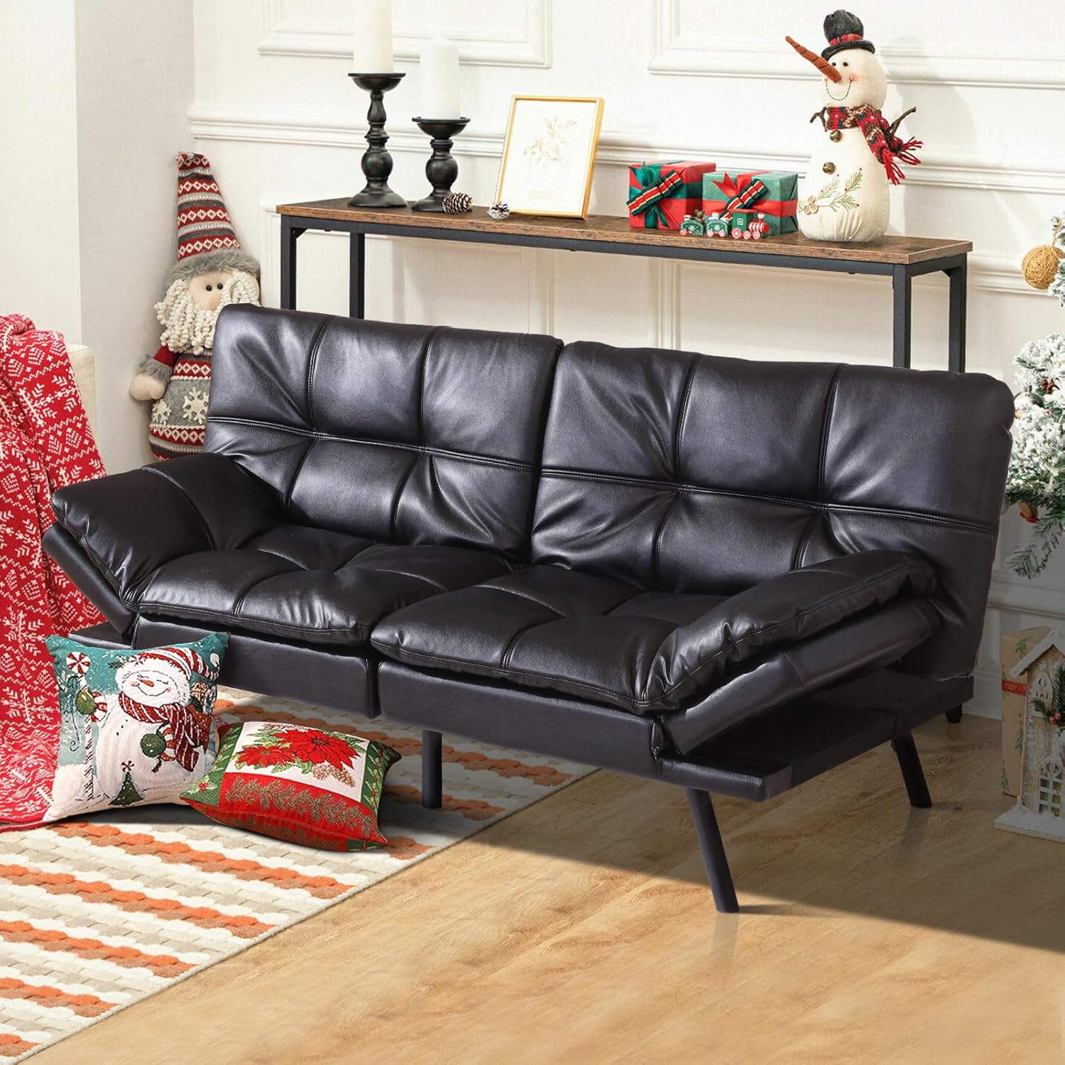 MUUEGM Futon Sofa Bed Faux Leather Futon Convertible Sofa Futon Couch Bed,Memory Foam Futon Sleeper Sofa Bed,Modern Loveseat Sofa,Adjustable Armrest&Backrest Futon Sets for Living Room,Offices,Black