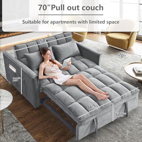 3 in 1 Convertible Sleeper Sofa Bed,Futon Loveseat Couch with Pull-Out Bed & Adjustable Backrest,Velvet Fabric Sofa with Side Pocket for Small Apartment, Living Room, Office (Black)