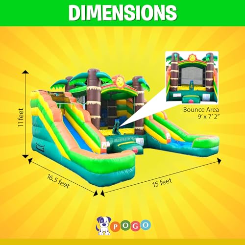 Pogo Bounce House Crossover Tropical Inflatable Bounce with Double Inflatable Water Slides for Kids, 16.5 x 15 x 11 Foot, Bouncy House, Commercial Outdoor Party Bouncer with Blower, Stakes, Bag