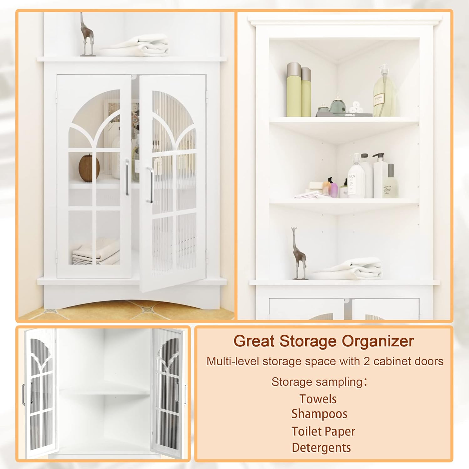 Corner Storage Cabinet, 65" Tall Freestanding Cabinet with Glass Doors & Adjustable Shelves, 5-Tier Corner Display Cabinet for Living Room, Home Office, Bedroom