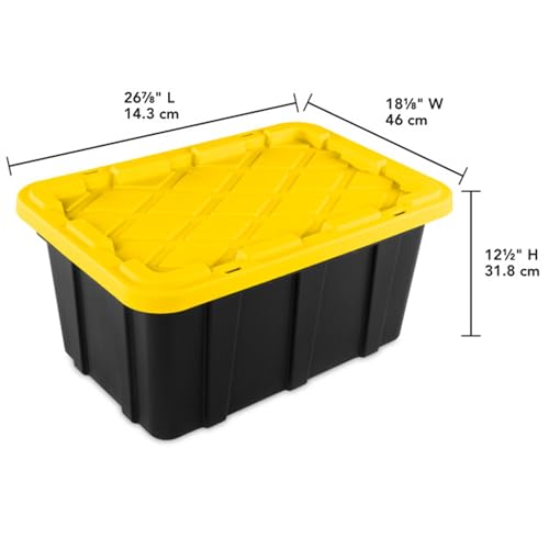 Sterilite 38 Gallon Industrial Stackable Storage Tote Snap-Fit Lidded Home Garage Organization Container with Carrying Handles, 8 Pack, Black/Yellow