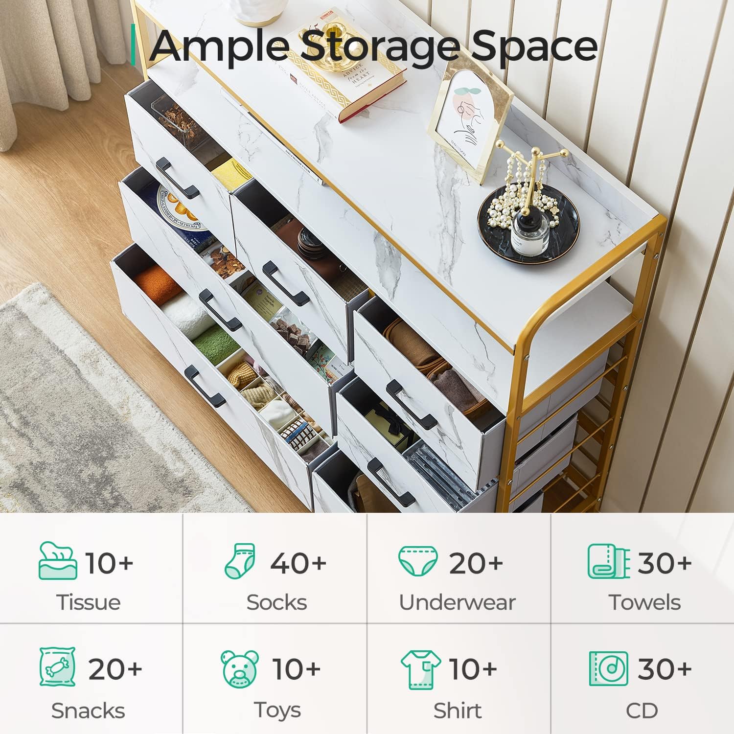 LINSY HOME Dresser for Bedroom, White Chest of Drawers with Double Shelf and 7 Drawers, Storage Organizer for Closet, Living Room, Entryway, Sturdy Steel Frame, Wood Top
