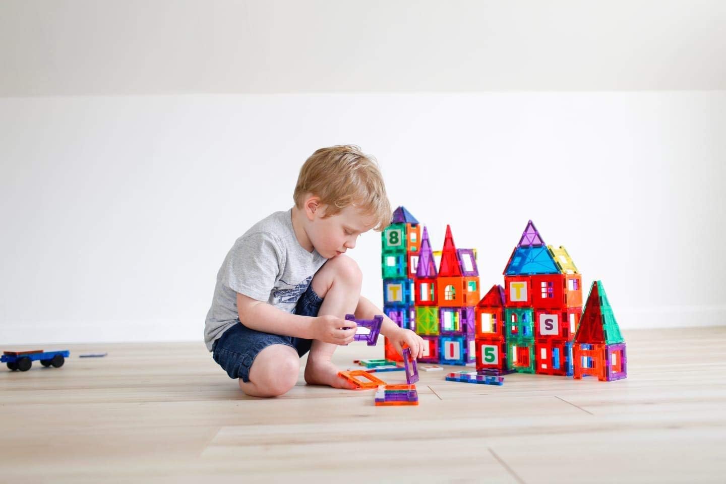 Award Winning Playmags Clear Colors Magnetic Tiles Building Set 50 + 6 Pc Set with Car - STEM Magnetic Toys Develop Motor Skills & Creativity, Colorful, Durable Magnet Building (56 Pc Set)