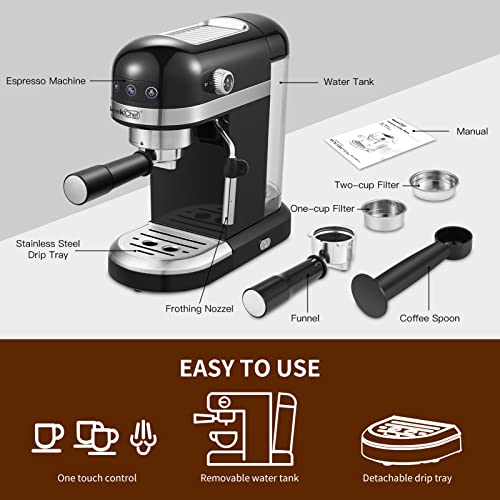 20 Bar Espresso Machine, 1350W High Performance, 1.4 Ldetachable transparent water tank, Thermo block beating system,With safety valve (Black)