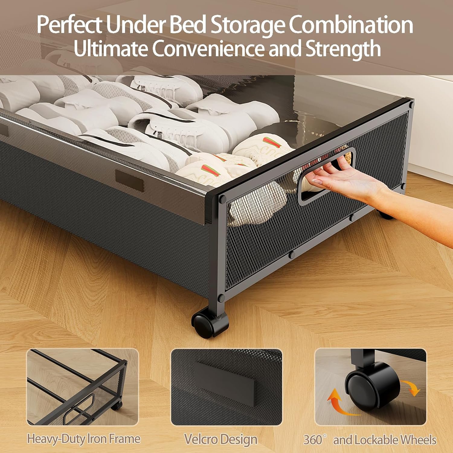 Under Bed Storage with Wheels,2 Pack Under Bed Shoe Storage, Under the Bed Storage Drawers with Remove Window, Extra Large Rolling Under Bed Storage Metal Drawer for Clothes (Black-2 pack)