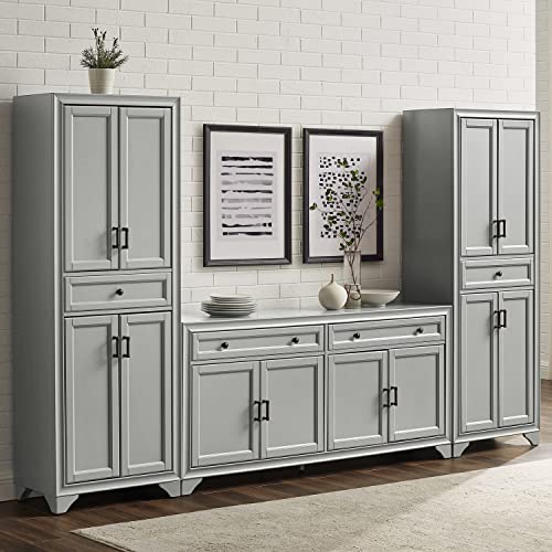 Crosley Furniture Tara 3-Piece Modern Farmhouse Sideboard Buffet Cabinet and Kitchen Storage Pantry Set, Distressed Gray
