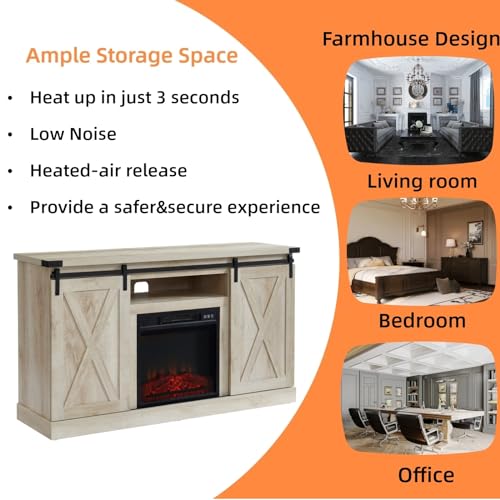 JYED Farmhouse Electric Fireplace TV Stand with Sliding Barn Door for TVs up to 60",White Oak Entertainment Center with Remote Control,Cable Hole,Adjustable Shelves for Living Room.54"x15.5"x31"