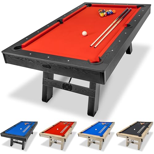 GoSports 7 ft Pool Table with Wood Finish - Modern Billiards Table with 2 Cue Sticks, Balls, Rack, Felt Brush and Chalk - Choose Your Style