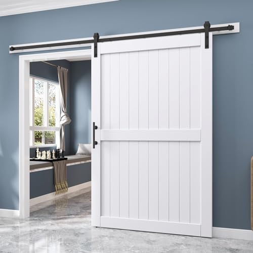 EaseLife 54 x 84 inch White Barn Door with 9FT Sliding Door Hardware Kit Included & Handle,Solid Wood Covered with Waterproof PVC Surface,DIY Assemblely,Easy Install,H-Frame,Fit 50-52in Wide Opening