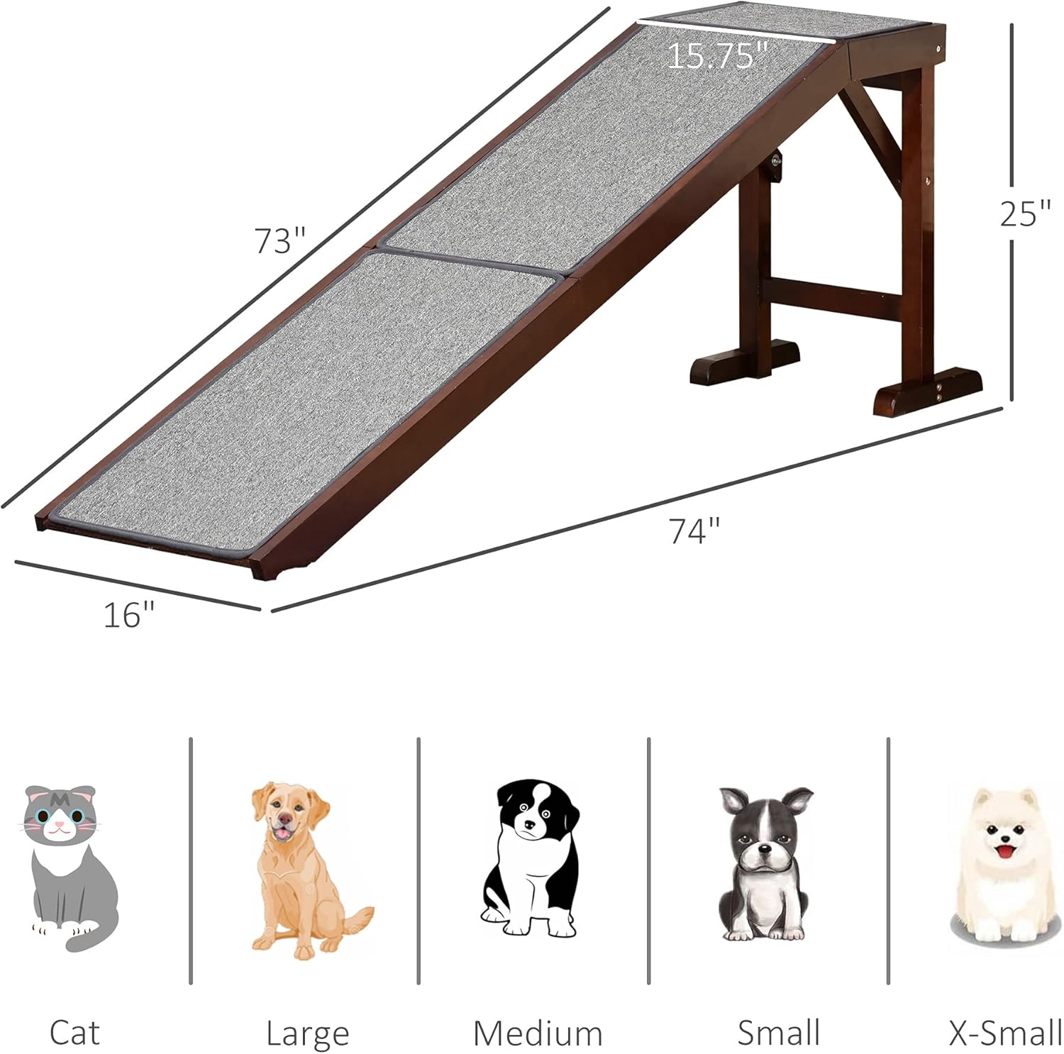 PawHut Pet Ramp for Dogs Non-Slip Carpet Top Platform Pine Wood 74 L x 16 W x 25 H, Brown Grey