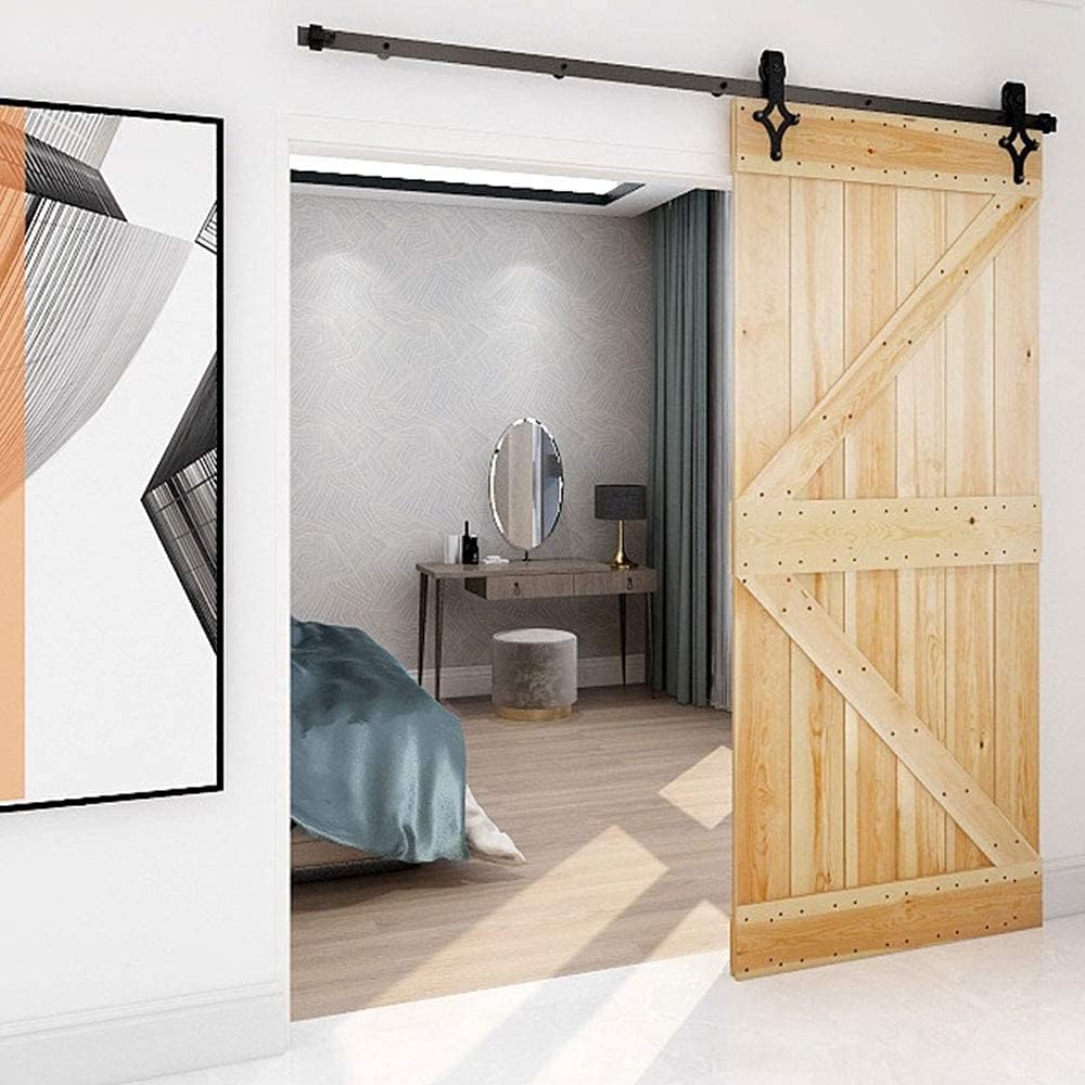 14FT Sliding Barn Door Hardware Kit, Heavy Duty, Smoothly and Quietly, Easy to Install, Fit 84" Width Single Door Panel, Rhombus Style Black