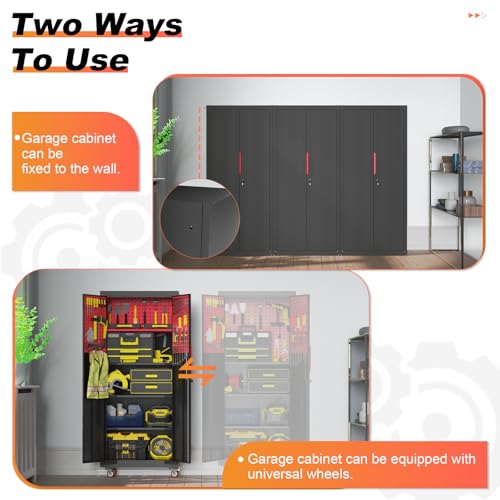 Metal Garage Storage Cabinet, Tall Garage Cabinets with 5 Adjustable Shelves, Steel Tool Storage Cabinet with Wheels,Lockable Heavy Duty Metal Cabinets for Home, Warehouse,Basement
