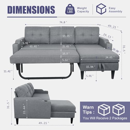 2-in-1 Design Pull Out Sleeper Sofa, Modern Upholstered L-Shaped Sofa with 2 Cup Holders & Side Storage Pocket, 3-Seat Storage Chaise Sectional Sofas for Living Room Office Apartment, Brown