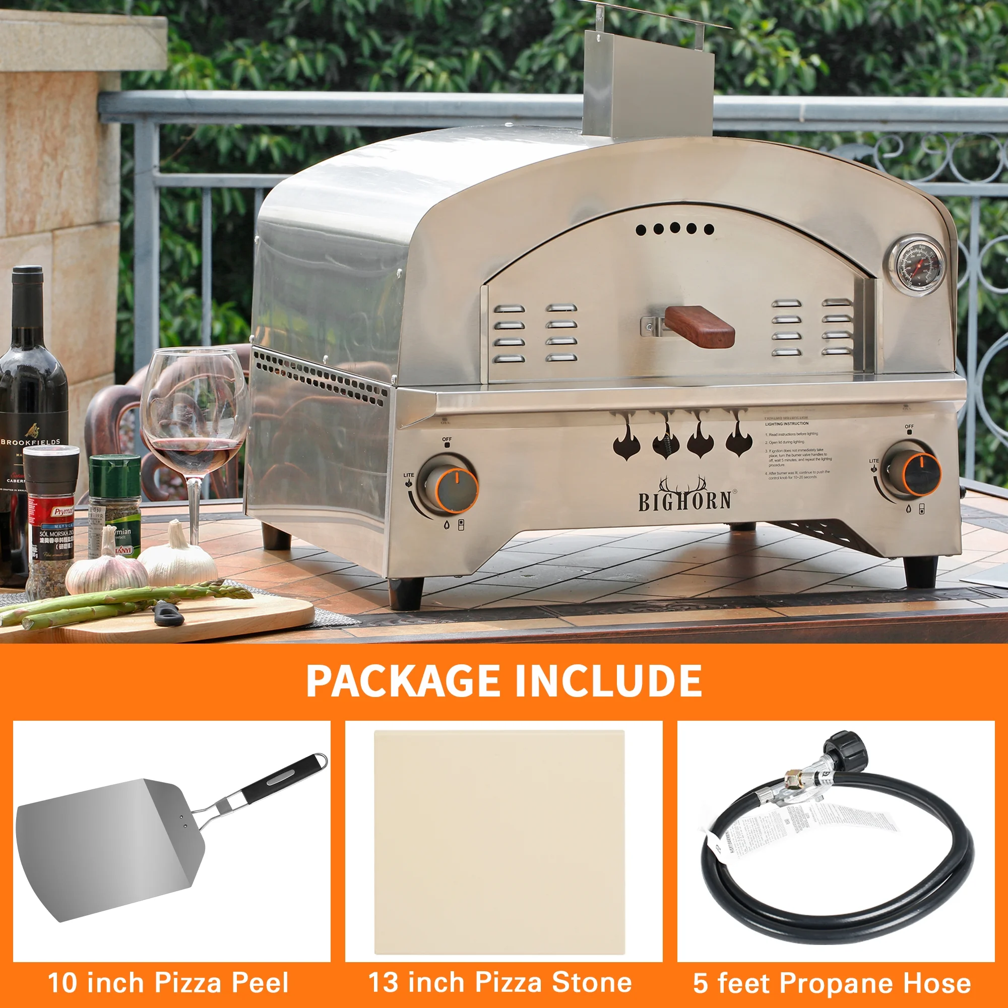 Gas Pizza Oven Portable Propane Pizza Oven with 13 inch Pizza Stone, BIG HORN OUTDOORS Stainless Steel Pizza Oven for Backyard