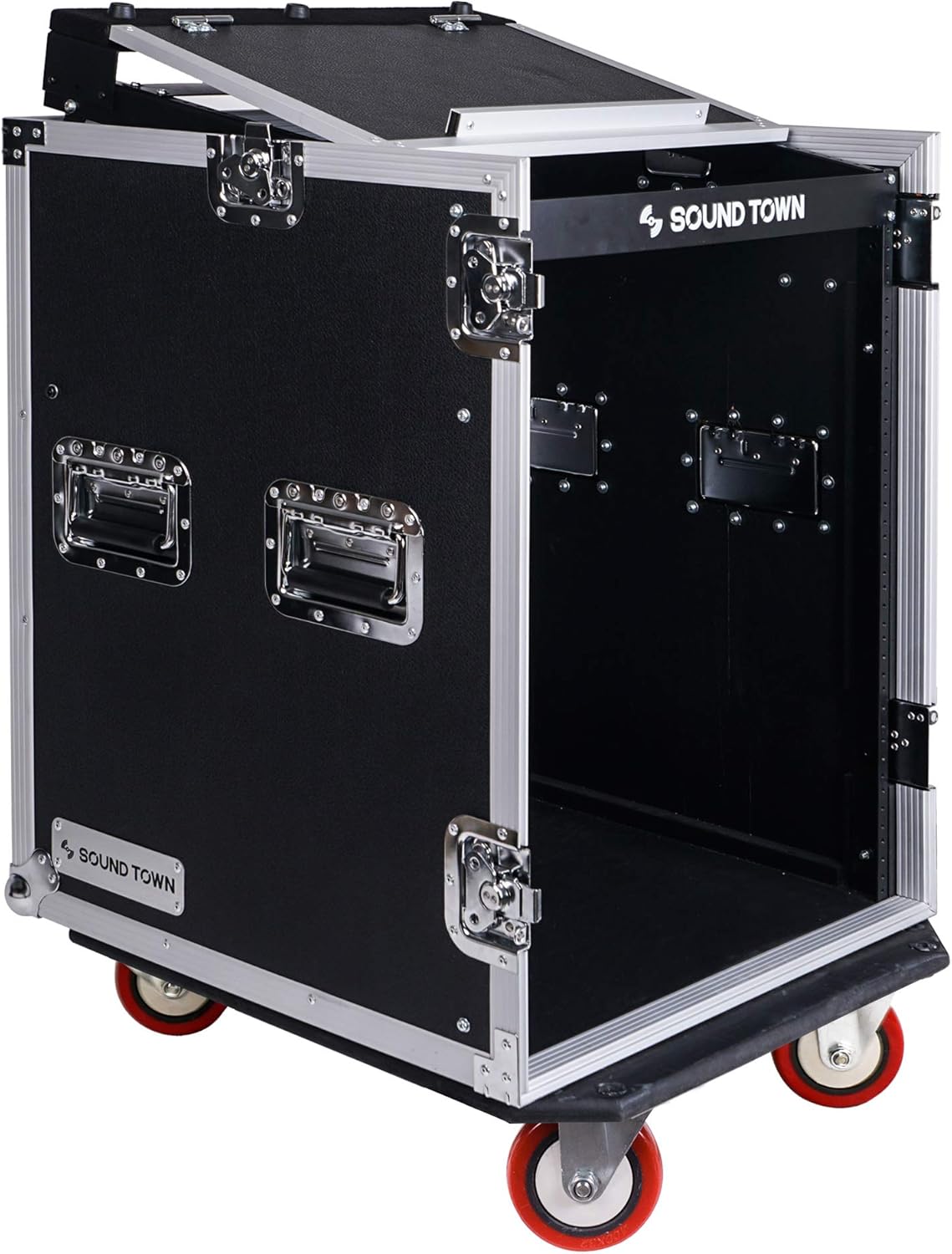 Sound Town 14U PA DJ Rack/Road ATA Case with 11U Slant Mixer Top, 20���� Rackable Depth, DJ Work Table and Casters, 14 Space Size, Pro Tour Grade (STMR-14UWT)
