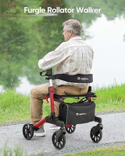 Rollator Walker with Seat, Foldable Rolling Walker with Durable Aluminum, Height Adjustable, 8" Big Wheels for All Terrain, Ergonomic Seat and Backrest,Lightweight Walkers for Seniors Adult (Red)