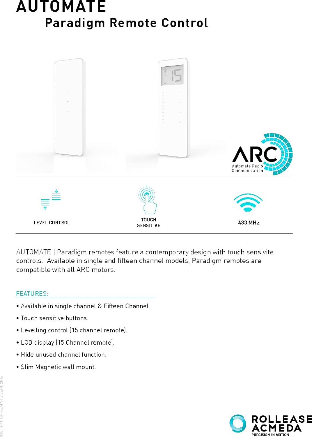 Rollease Acmeda Automate Paradigm Hand Held 1 Channel Remote Control for Roller Shades #MTRF-REM-1C Pack of 2