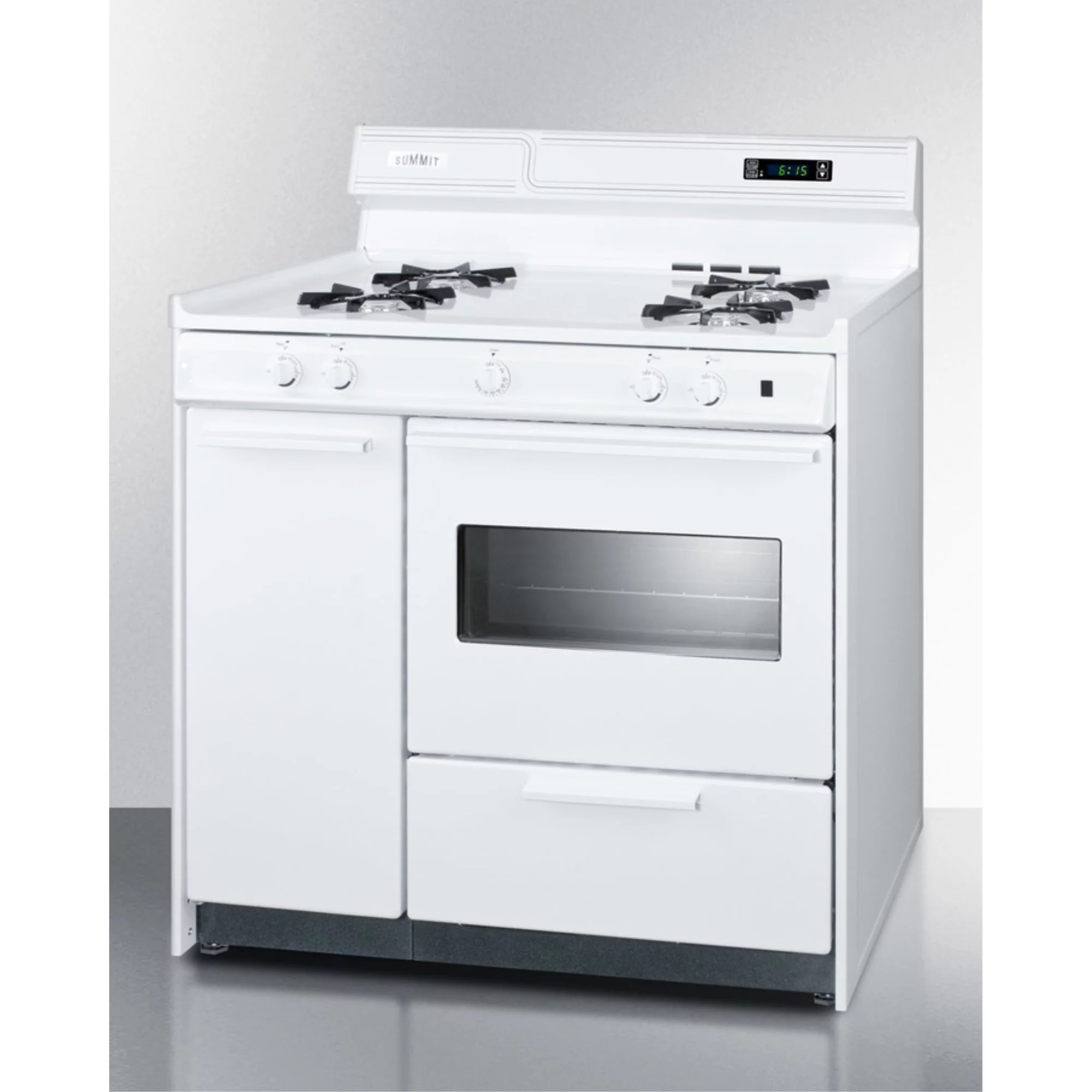 36" wide gas range in white with open burners, storage compartment, oven window, high backguard, and spark ignition