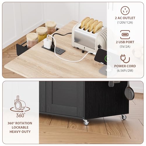 Rolling Kitchen Island on Wheels, Kitchen Islands Cart with Trash Can Storage Cabinet, Portable Island Table with Power Outlet, Drop Leaf, Spice Rack, and Drawers, Black