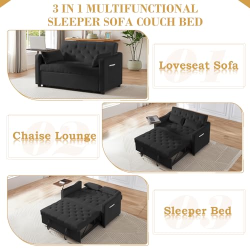 3 in 1 Convertible Sleeper Sofa Couch with Pull Out Bed,53" Velvet Futon Tufted Loveseat with Table&Reclining Back,Comfy 2 Seater Lounge Sofa for RV,Living Room,Bedroom,Small Space(Grey)