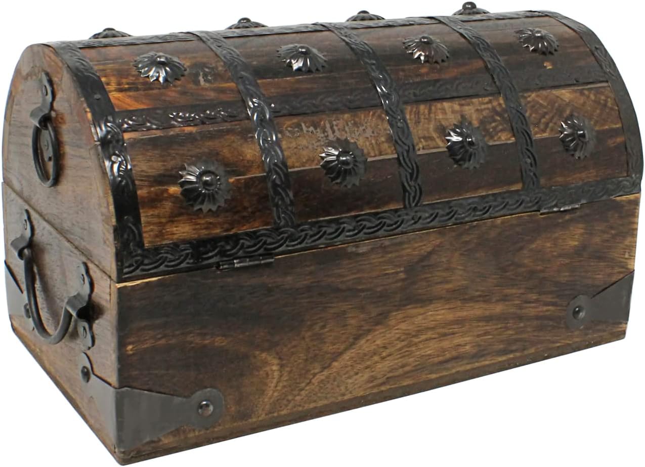 Nautical Cove Pirate Treasure Chest with Iron Lock and Skeleton Key - Storage and Decorative Box (X-Large 16 x 11 x 10.5)