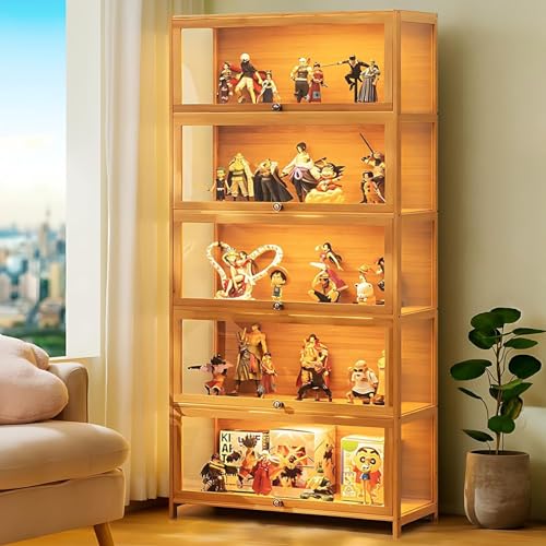 68” Curio Display Cabinet, 5 Tier Storage Cabinet with Acrylic Glass Door, Collectibles Toy Organizers Rack & Display Shelf, Kids Bookcase for Living Room, Toddler's Room, Bamboo (Wooden flip door)