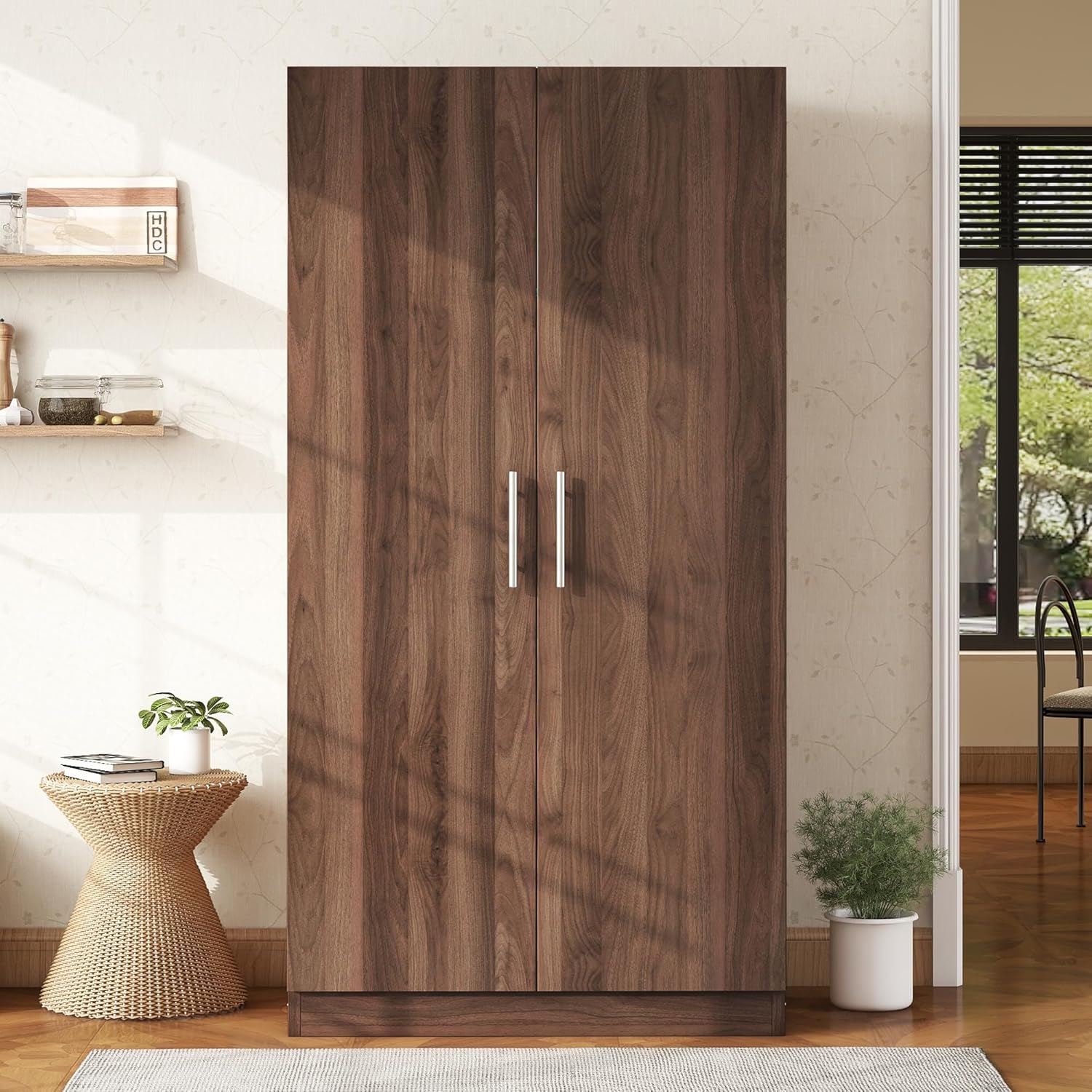 Freestanding Mirror Wardrobe with 2 Drawers & Shelves, Armoire Storage Closet w/Hanging Rod, Bedroom Clothes Cabinet Organizer, for Home/Wulnut, Brown