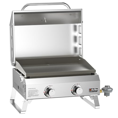 Onlyfire Flat Top Gas Griddle, 2-Burner Tabletop Propane Gas Grill Griddle, Portable Griddle for Outdoor Cooking Kitchen, Tabletop Griddle for BBQ Grill Camping Tailgating RV, Stainless Steel
