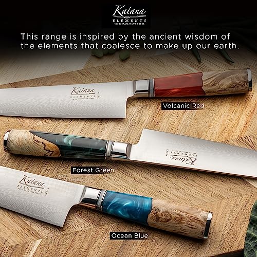 Grunwerg- Katana Elements 9 Piece Knife Block Set : 8 Japanese Quality Specialty Knives, Premium Damascus Steel Blades, Unique Resin Handle, Green
