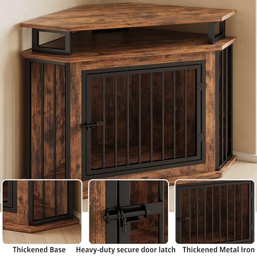 IRONCK 51" Corner Wooden Dog Crate Furniture with 2-Tier Shelves, Pet Kennel for Large Dogs, Space-Saving Dog Cage Indoor, Rustic Brown (26.7" L x 51.2" W x 33.5" H)