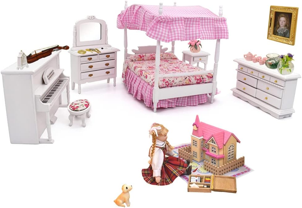 iLAND Dollhouse Furniture of Miniatures Pink Dollhouse Bedroom on 1/12 Scale for Girls, Dollhouse Bed w/ Piano (Sweet Doll Furniture 6pcs)
