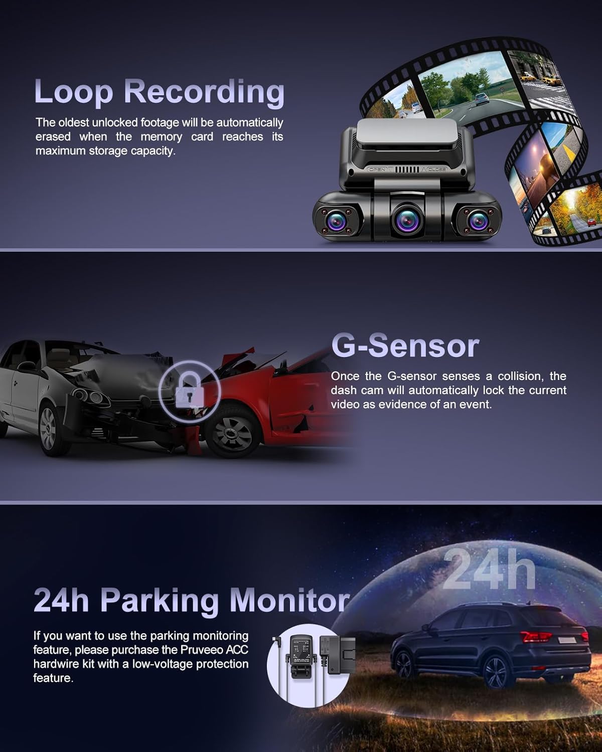 PRUVEEO Dash Cam, 4 Channel Front and Rear Inside Left Right, Microwave Radar Motion Detection Parking Mode Monitoring, Built-in GPS WiFi, Free 128GB Card, D90-4CH-RGW