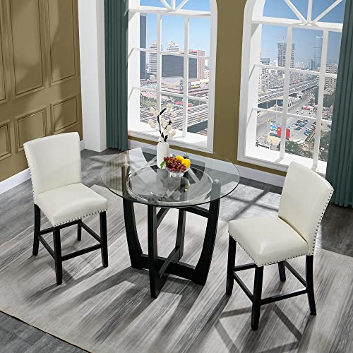 Glass Counter Height Bar Table Stools Set of 2, 42" Round Tempered Glasstop Counter Height Table Stools Set 26"H Barstools Chairs with Upholstered Back for Bar Kitchen Restaurant, Ivory White