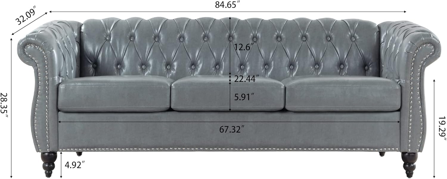 3-Seaters Living Room Clasic Chesterfield Sofa Couch Button Tufted PU Leather Upholstered Sofa&Couch with Luxury Roller Armrest Soild Wood Legs Movable Cushions & Nailhead Decor