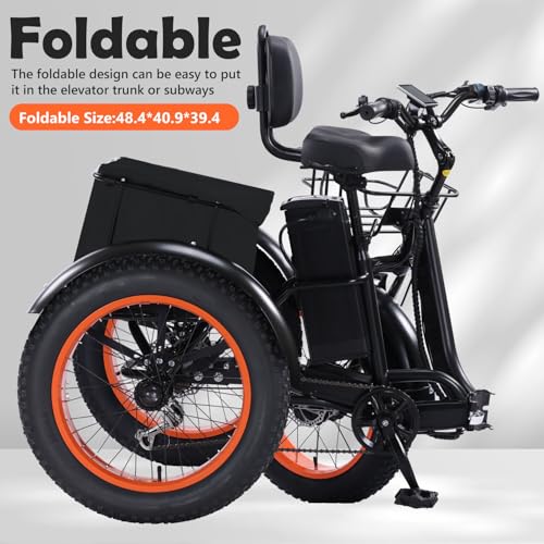 Electric Tricycle for Adults, Peak 750W/500W, Electric Trike, 20"x4.0" Folding Fat Tire 3 Wheel Electric Trike, Max 20MPH,with Large Basket and 48V 15/13 Ah Removable Battery