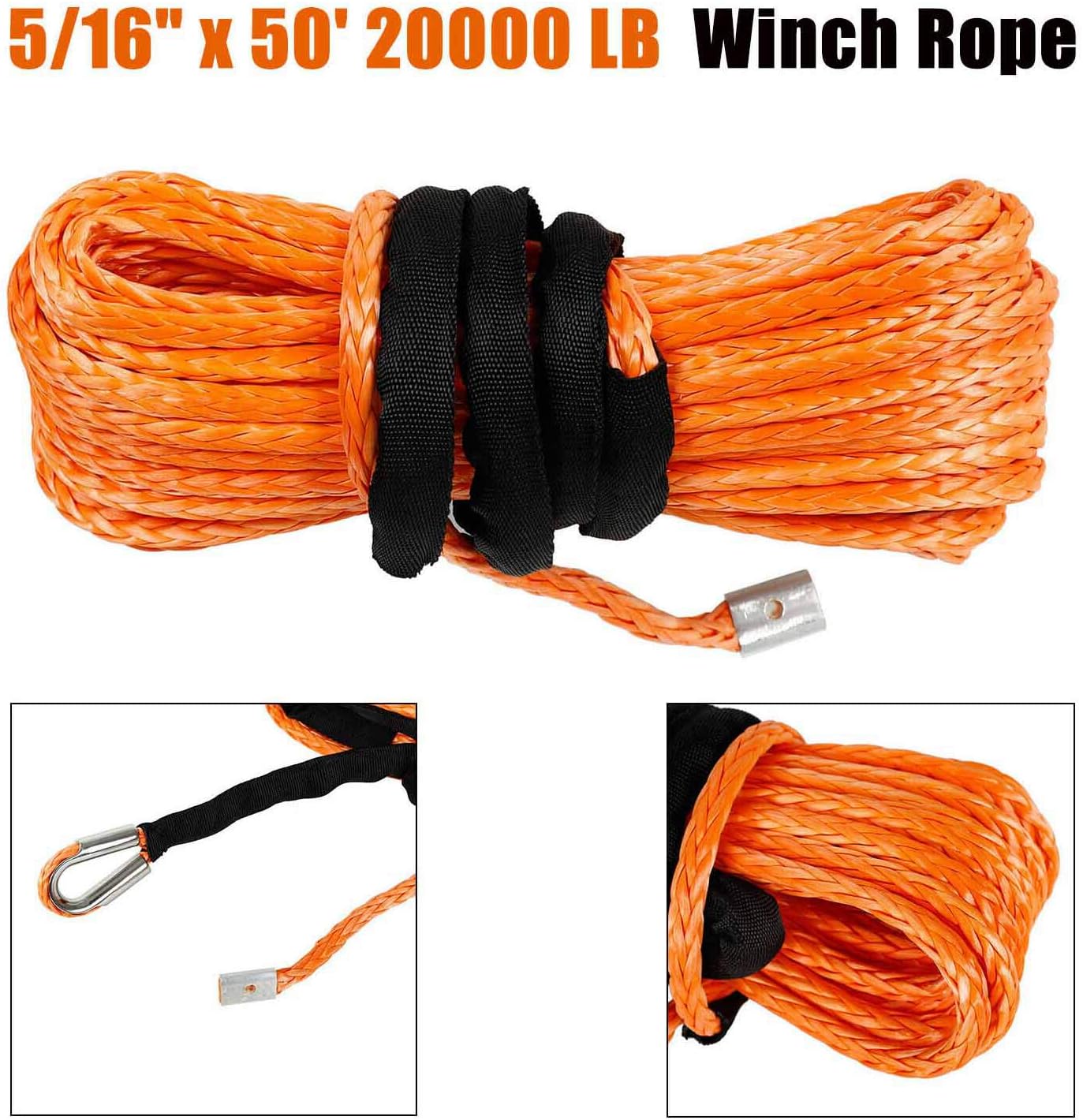 TYFYB 5/16" x 50' Synthetic Winch Rope 20000 LB Capacity Synthetic Winch Rope Line Cable W/Sheath Orange for ATV UTV Pack of 2