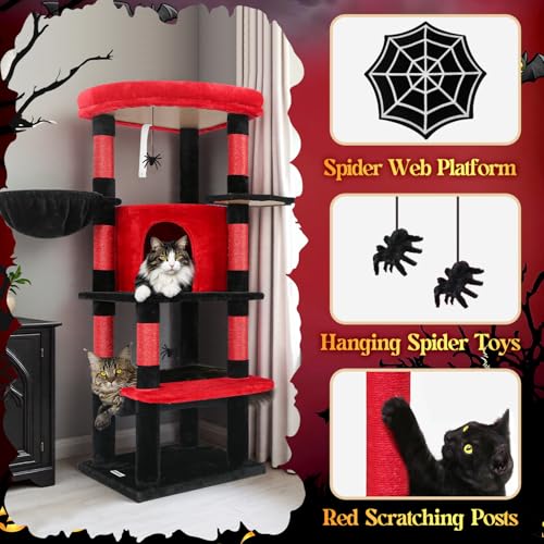 Globlazer Corner Cat Tree for Large Cats, 66inch Tall Curved Series Large Cat Tower for Multiple Indoor Cats with 6 Scratching Posts, 2 Spacious Cat Condos, Hammock, Hanging Basket, C66, Beige