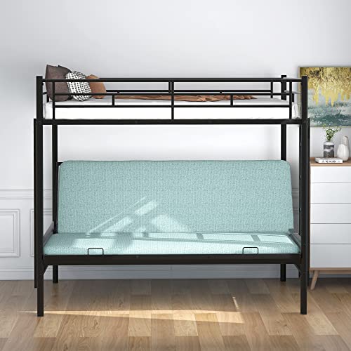 Harper & Bright Designs Twin over Futon Bunk Bed,Metal Bunk Bed with Futon can easy conversion to Twin Over Full Bunk Beds, Futon Bunk Bed with Guardrails and 2 Ladders for Kids Teens, Black
