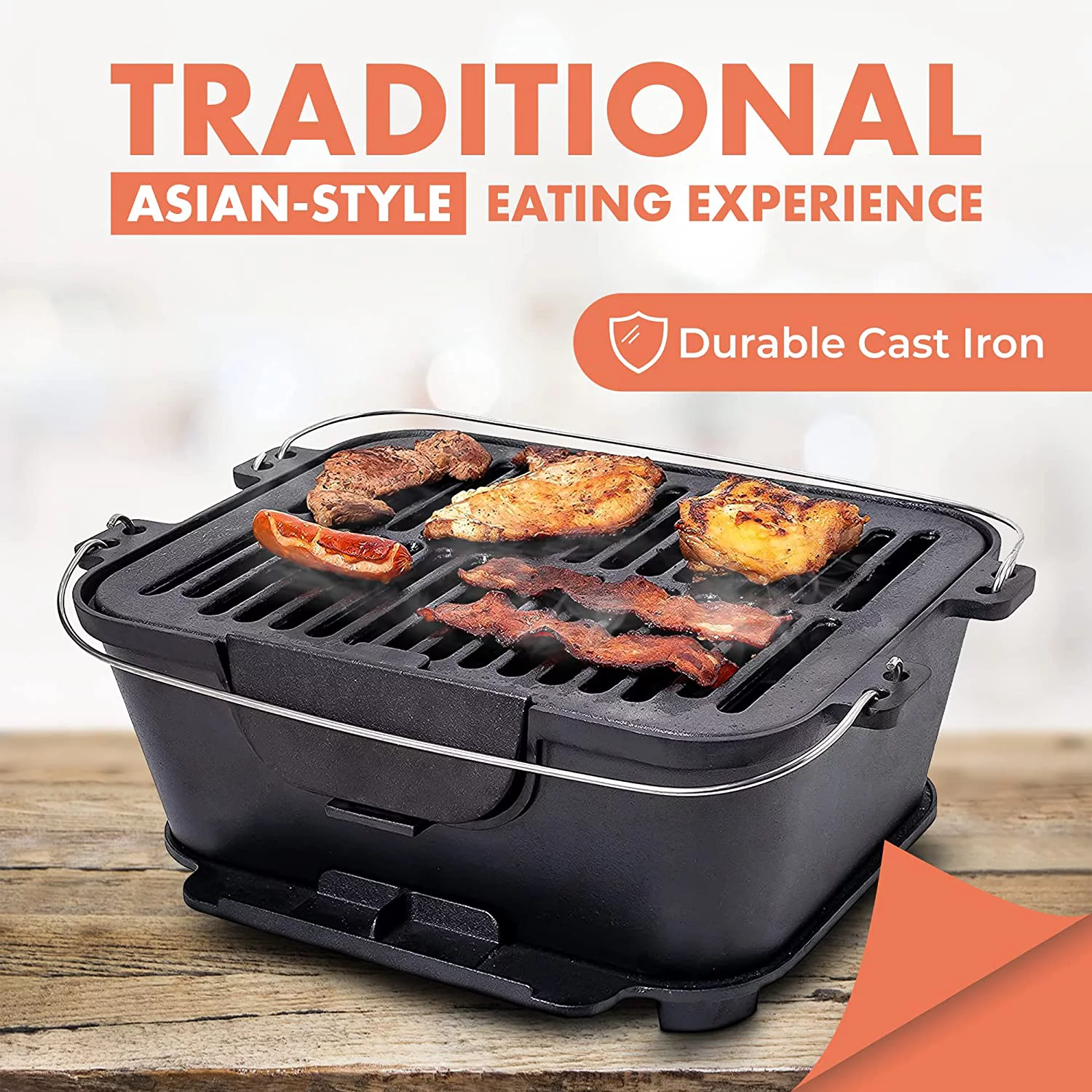 Bruntmor Pre-Seasoned Hibachi-Style Portable Cast Iron Charcoal Rectangle BBQ Grill, 14" x 12" Grilling Surface