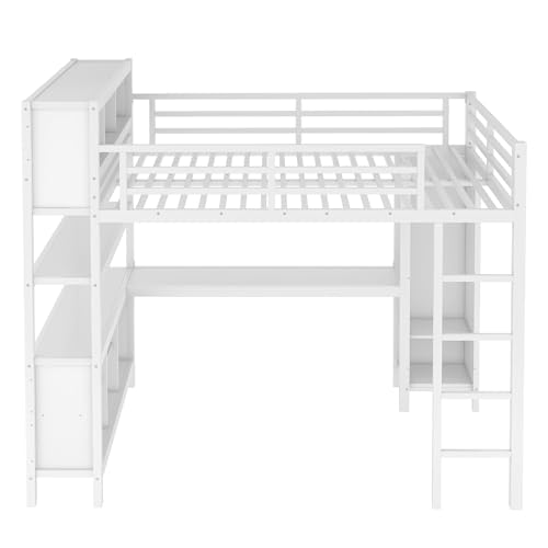 Linique Metal Loft Bed with Wardrobe & L-Shaped Desk - Sturdy Space-Saving Loft Bed Includes Storage Cubes, Shelves for Kids, Teens, Adults (White, Queen)